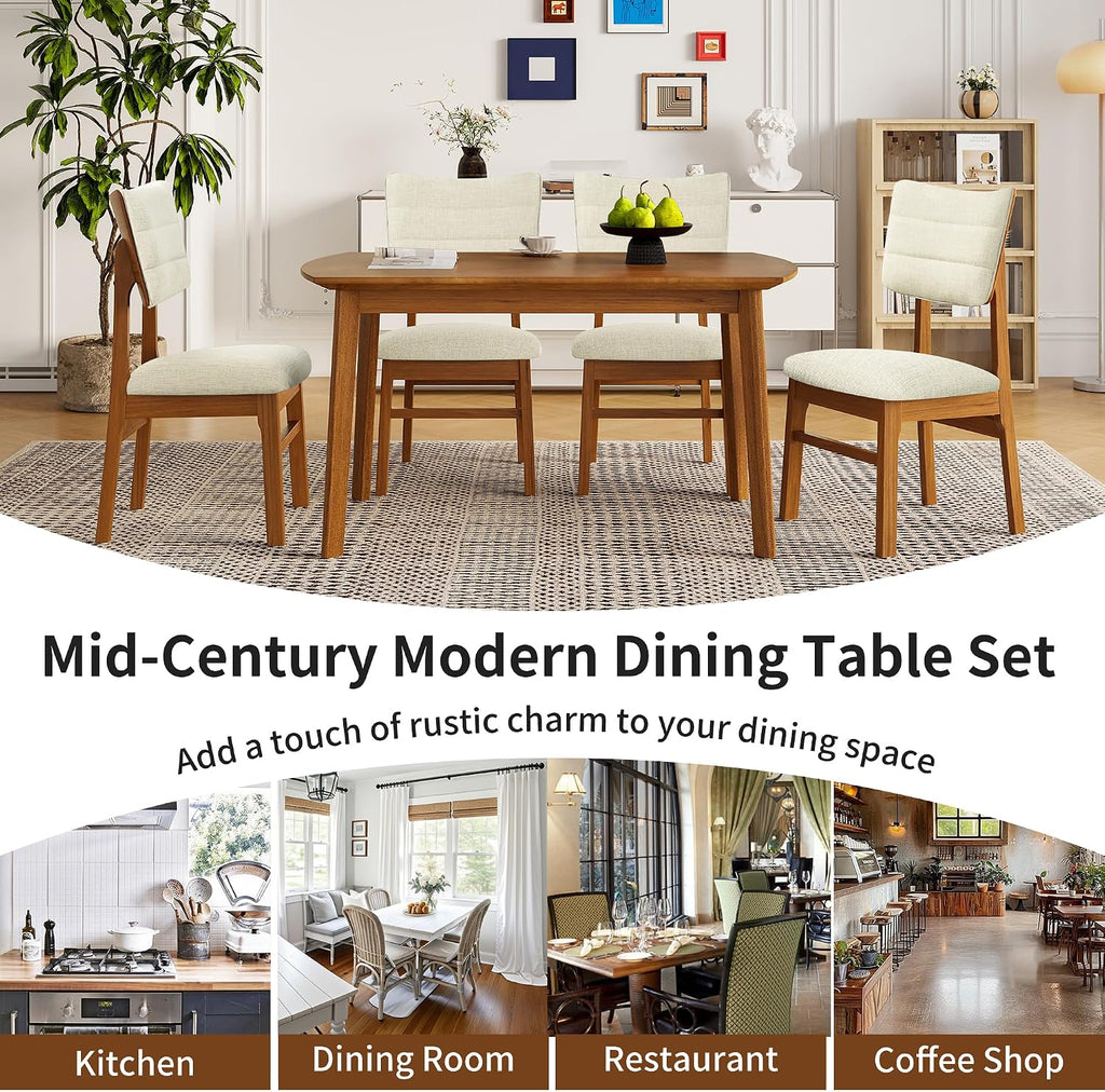 Merax 5 Piece Solid Wood Dining Table Set, Farmhouse Mid-Century Modern Table & 4 Upholstered Chairs for Home, Kitchen, Apartment, Space Saving, Brown+Biege