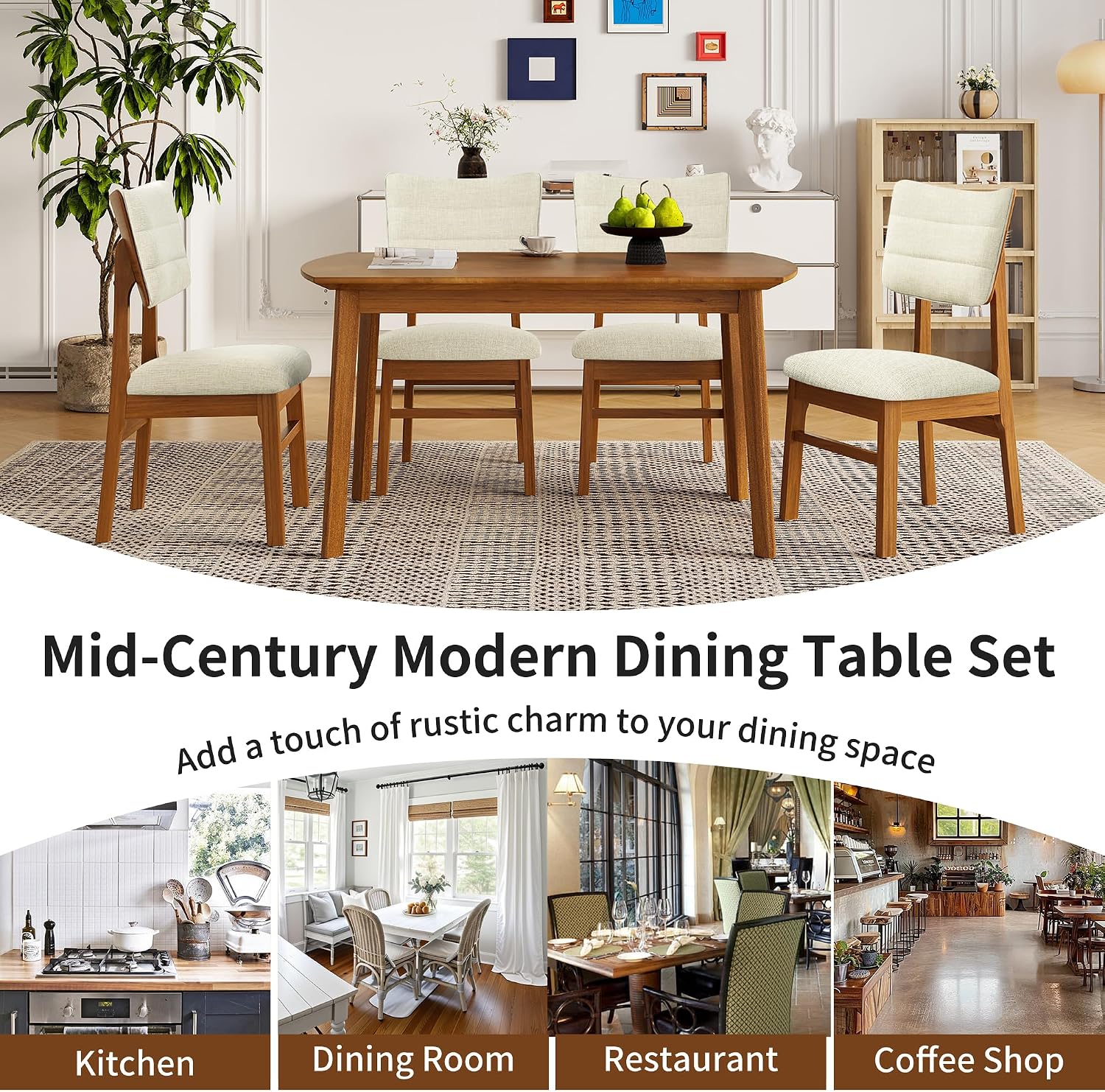 Merax 5 Piece Solid Wood Dining Table Set, Farmhouse Mid-Century Modern Table & 4 Upholstered Chairs for Home, Kitchen, Apartment, Space Saving, Brown+Biege