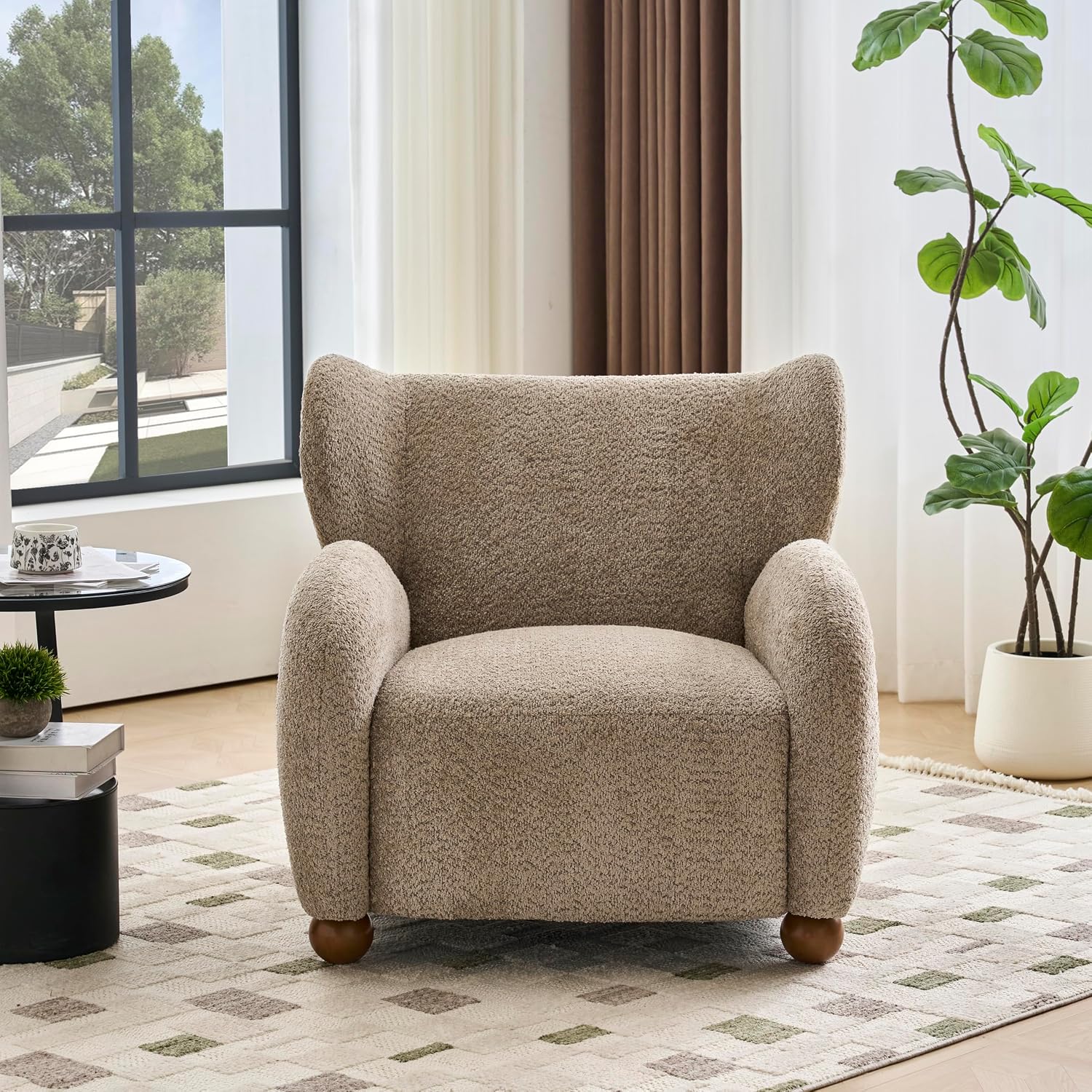 Christopher Knight Home Aiden Boucle Wingback Accent Chair, Fabric Upholstered Club Chair with Wooden Frame, Comfy Reading Chair for Living Room/Bedroom, Light Brown+Walnut Brown