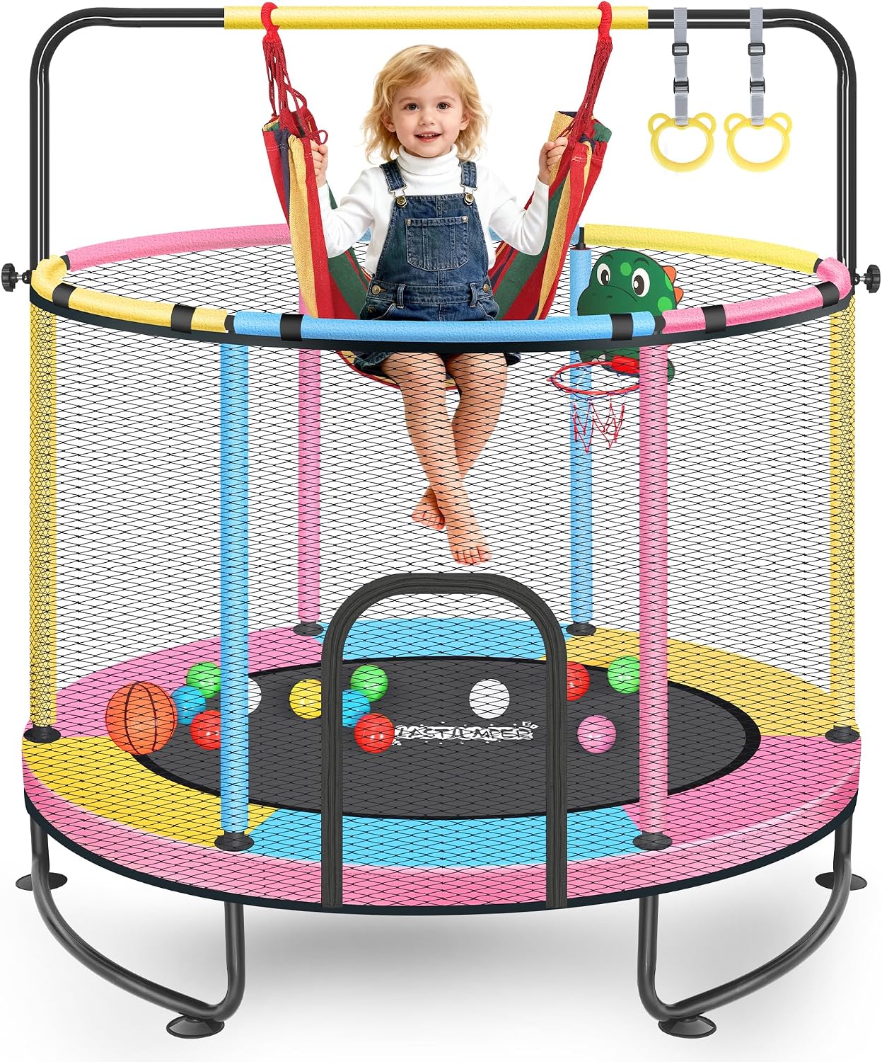 Mini Trampoline for Kids & Toddlers, Ages2-10 | Indoor & Outdoor, with Safety Enclosure Net, Basketball Hoop & Ocean Balls, Birthday Gift for Boy,Girl