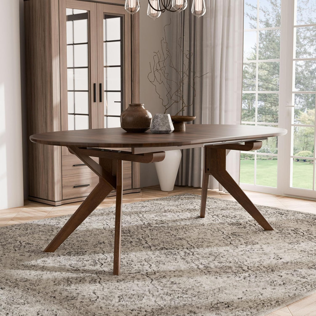 Furniture of America Nazaen V 78.5' Mid-Century Modern Solid Wood Live Edge Extendable Dining Table with Steel Support, Walnut Finish, Seats 6–8