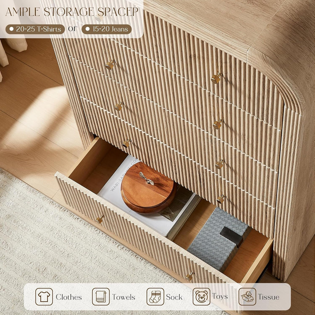 T4TREAM Fluted 5 Drawers Dresser, 48' Tall Modern Chest of Drawers with Thickened Curved Profile Design, Wood Closet Clothes Storage Organizer for Bedroom, Living Room, Hallway, Natural Oak