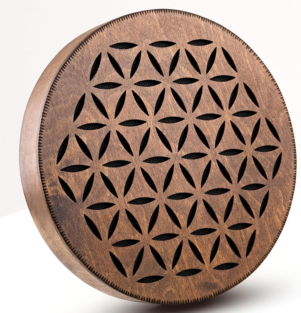 Rain-Fall Disc, 8.6 Inch (22 cm) Wooden Ocean Drum, Gentle Rain Sound for Sound Bath, Meditation & Sound Healing, Flower of Life & AUM Design