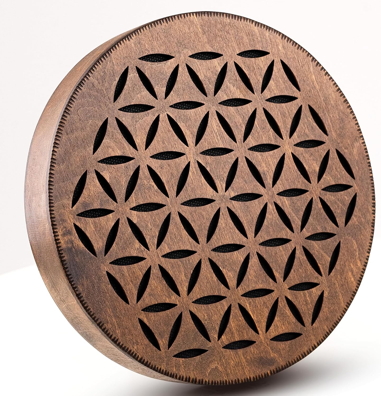 Rain-Fall Disc, 8.6 Inch (22 cm) Wooden Ocean Drum, Gentle Rain Sound for Sound Bath, Meditation & Sound Healing, Flower of Life & AUM Design