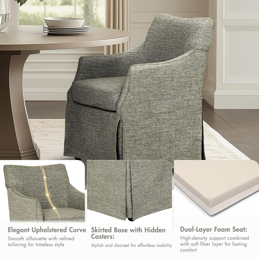 Martha Stewart London Dining Chair - Solid Wood & Plywood, Skirted Metal Base Accent Armchair, Lumbar Pillow -Modern Classic Family Dining Room Furniture 25' W x 26' D x 34' H, Grey