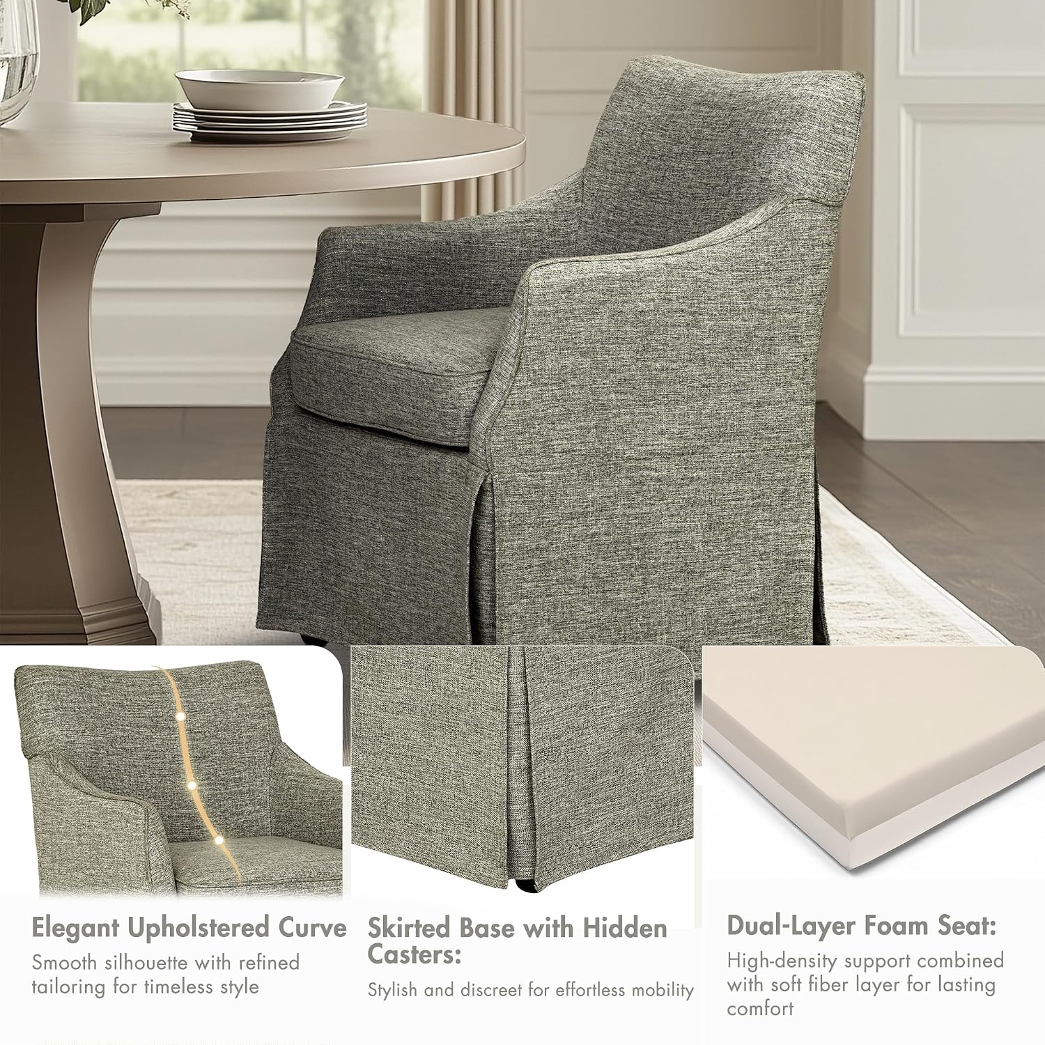 Martha Stewart London Dining Chair - Solid Wood & Plywood, Skirted Metal Base Accent Armchair, Lumbar Pillow -Modern Classic Family Dining Room Furniture 25' W x 26' D x 34' H, Grey