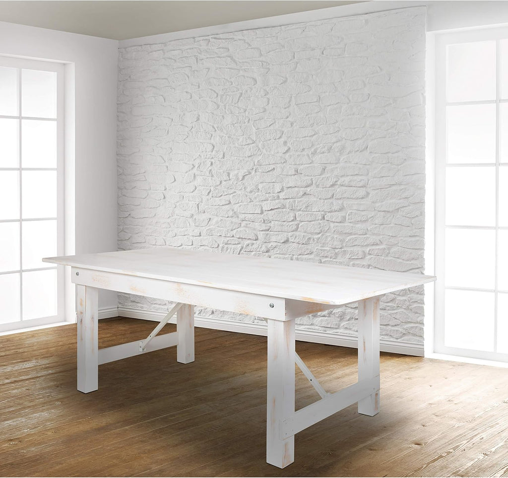 Flash Furniture HERCULES Series 7' x 40' Rectangular Antique Rustic White Solid Pine Folding Farm Table