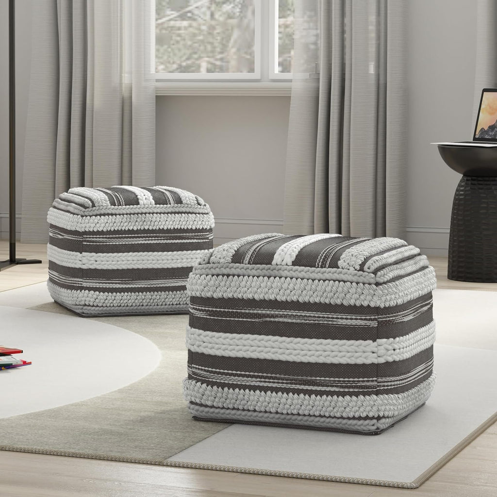 SIMPLIHOME Sommer Boho Square Pouf in Natural/Taupe Grey Handloom Woven Pattern for the Living Room, Bedroom and Kids Room
