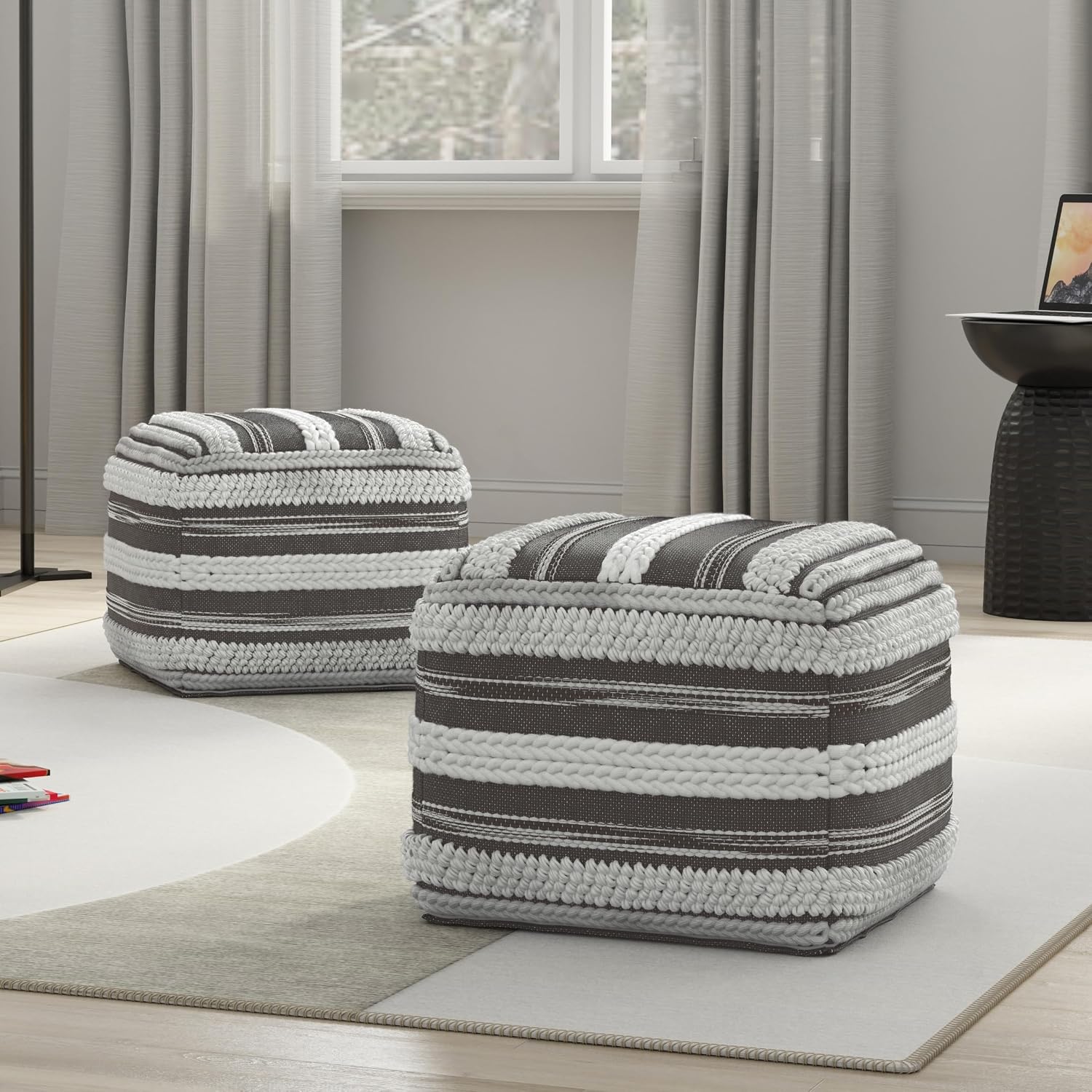 SIMPLIHOME Sommer Boho Square Pouf in Natural/Taupe Grey Handloom Woven Pattern for the Living Room, Bedroom and Kids Room