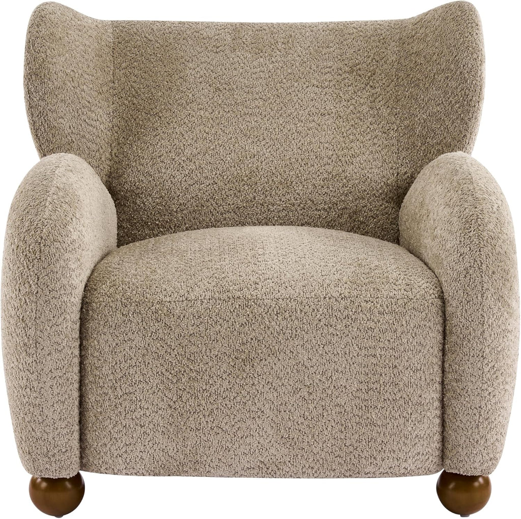 Christopher Knight Home Aiden Boucle Wingback Accent Chair, Fabric Upholstered Club Chair with Wooden Frame, Comfy Reading Chair for Living Room/Bedroom, Light Brown+Walnut