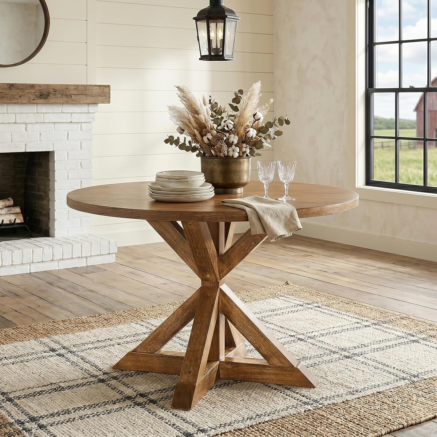 Roundhill Furniture Windvale Cross-Buck Base Dining Table, Brown