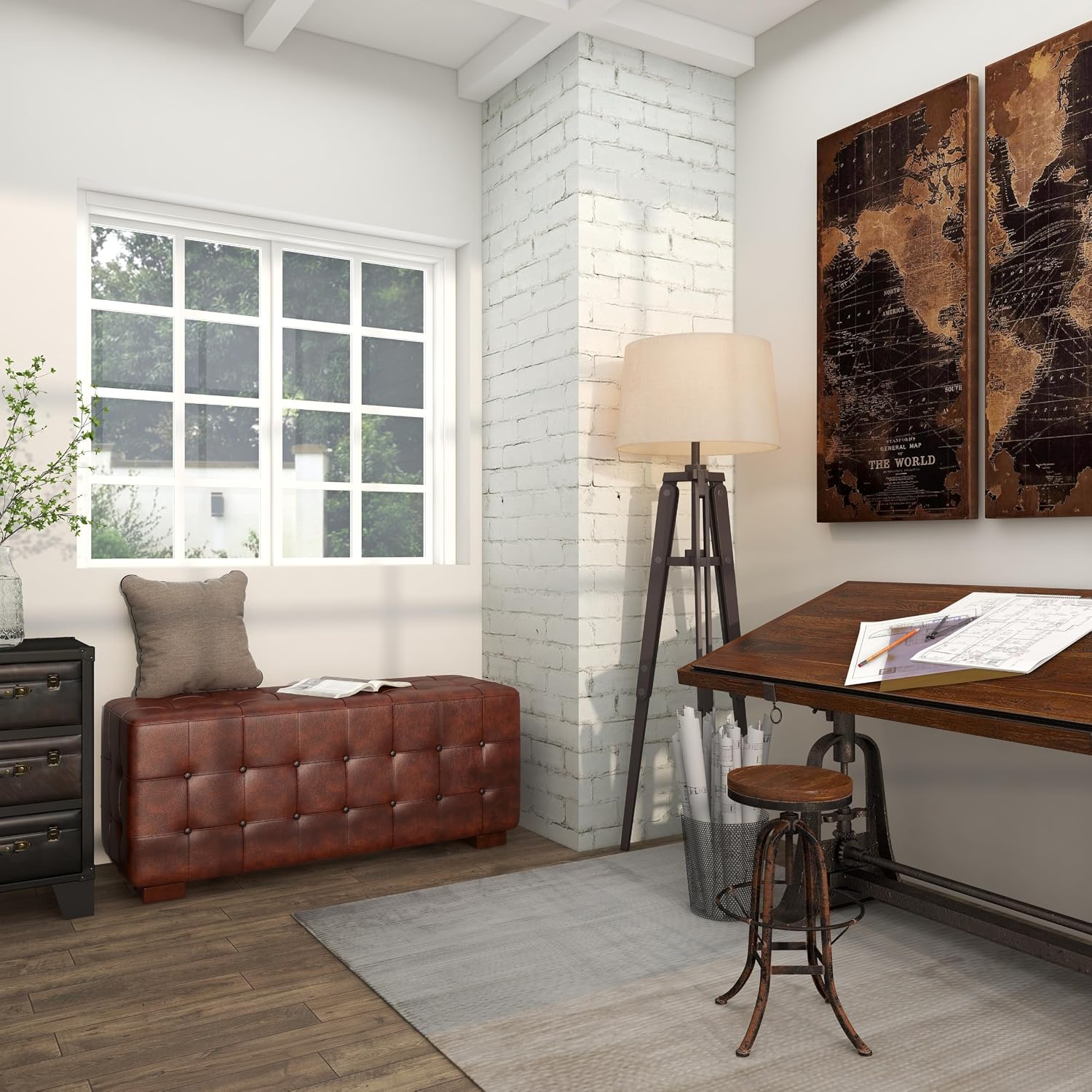 Deco 79 Leather Home Bench Tufted Upholstered Entryway Bench, Bedroom Bench 48' x 18' x 20', Brown