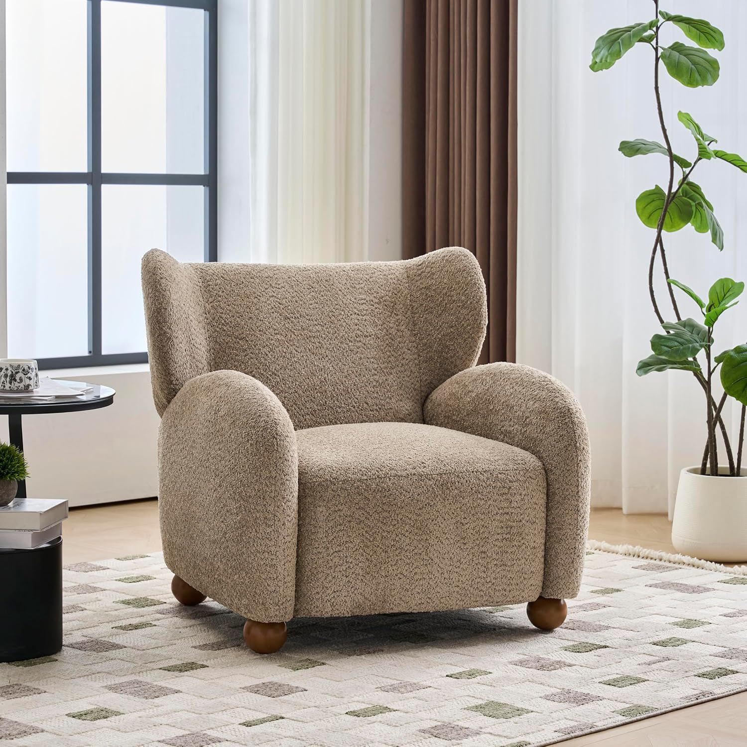 Christopher Knight Home Aiden Boucle Wingback Accent Chair, Fabric Upholstered Club Chair with Wooden Frame, Comfy Reading Chair for Living Room/Bedroom, Light Brown+Walnut