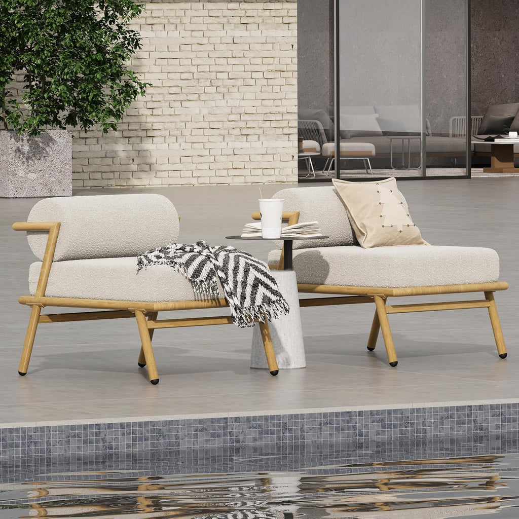 Christopher Knight Home Dessa Patio Accent Chairs Set of 2, Wood-Like Club Chairs, Boucle Lounge Chair, Upholstered Armless Chair, Iron Frame Stable Seating for Garden Poolside Backyard, White+Teak