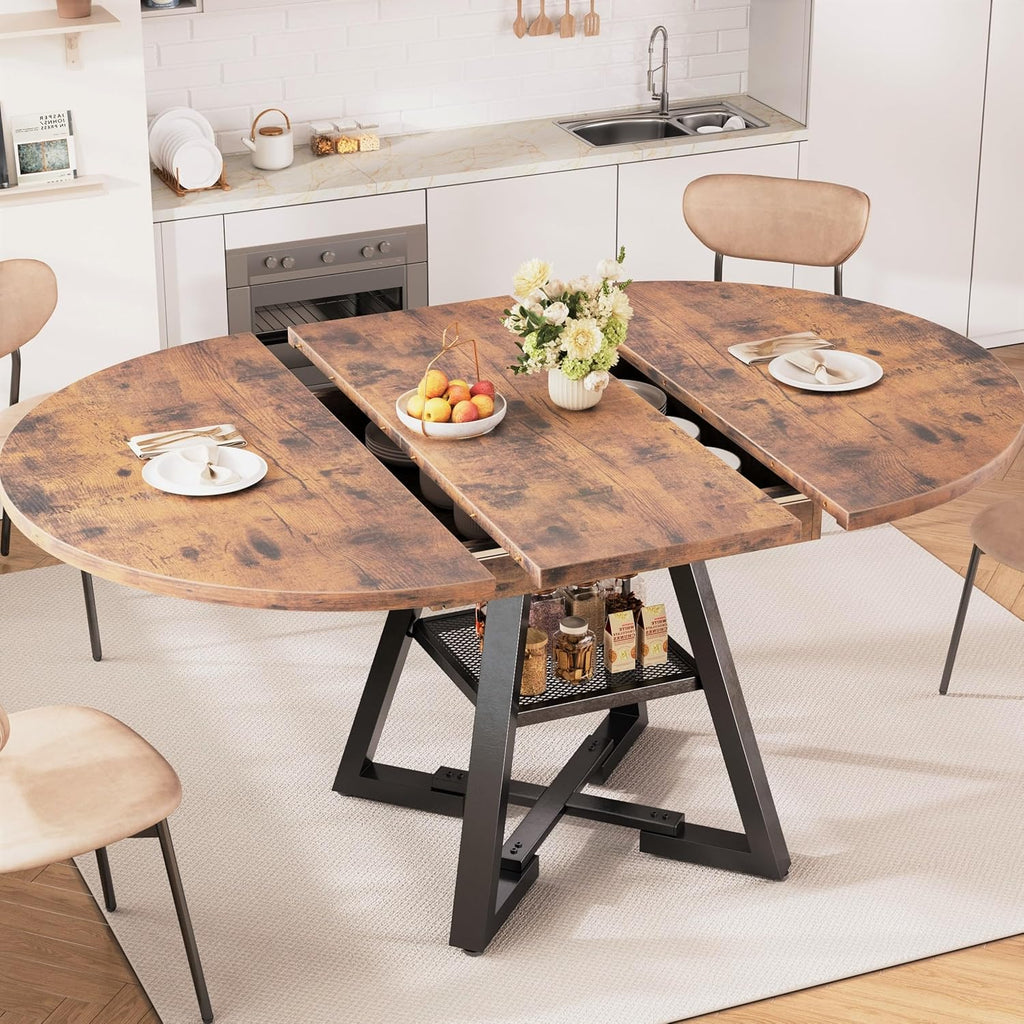 43''-57'' Extendable Round Dining Table for 4-6, Modern Industrial Kitchen Oval Dining Table with Removable Leaves, Space Saving Pedestal Base with Storage Shelf for Kitchen Living Room (Vintage)