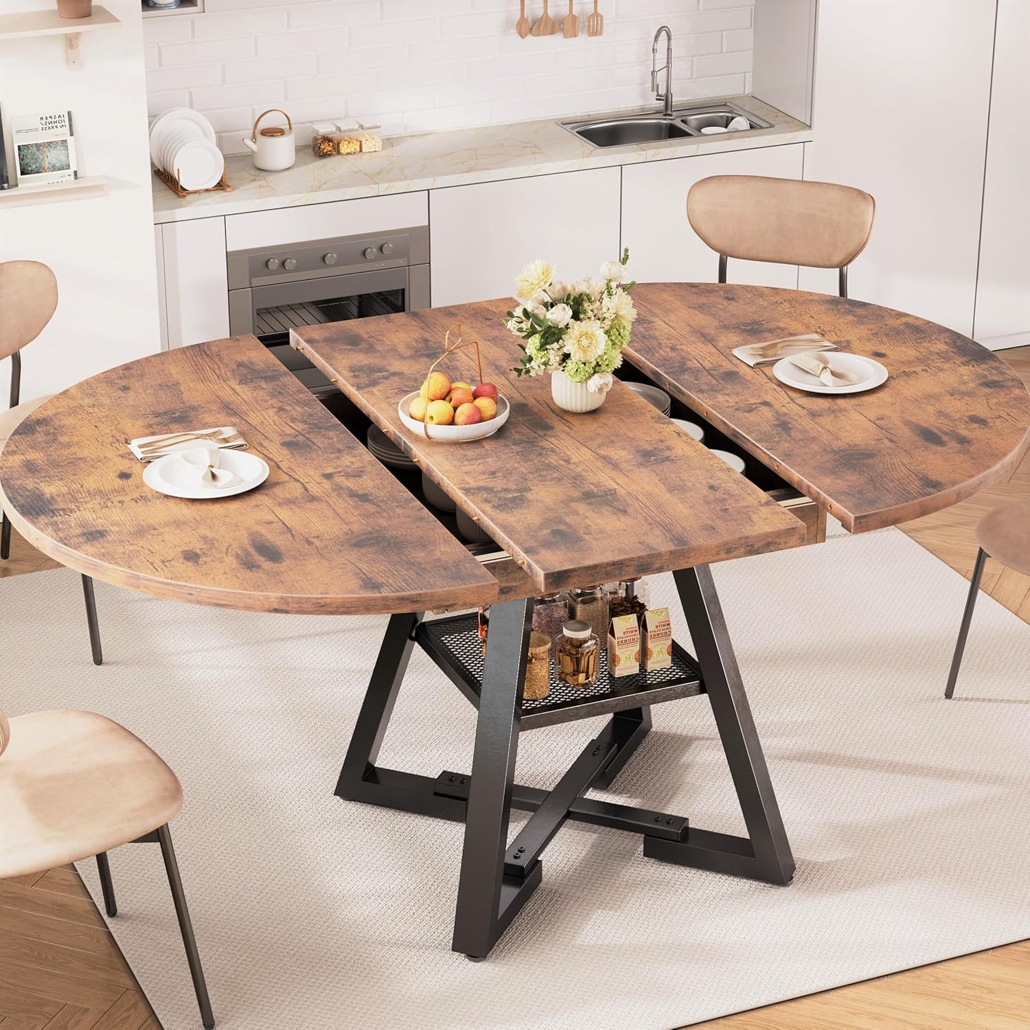 43''-57'' Extendable Round Dining Table for 4-6, Modern Industrial Kitchen Oval Dining Table with Removable Leaves, Space Saving Pedestal Base with Storage Shelf for Kitchen Living Room (Vintage)