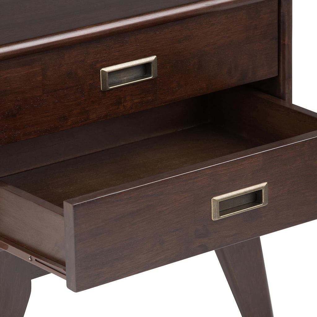 SIMPLIHOME Draper Side Table - 22 inch Wide Solid Hardwood Rectangular End Table with 2 Storage Drawers in Medium Auburn Brown, Mid-Century Modern Nightstand or Lamp Stand for Living Room or Bedroom