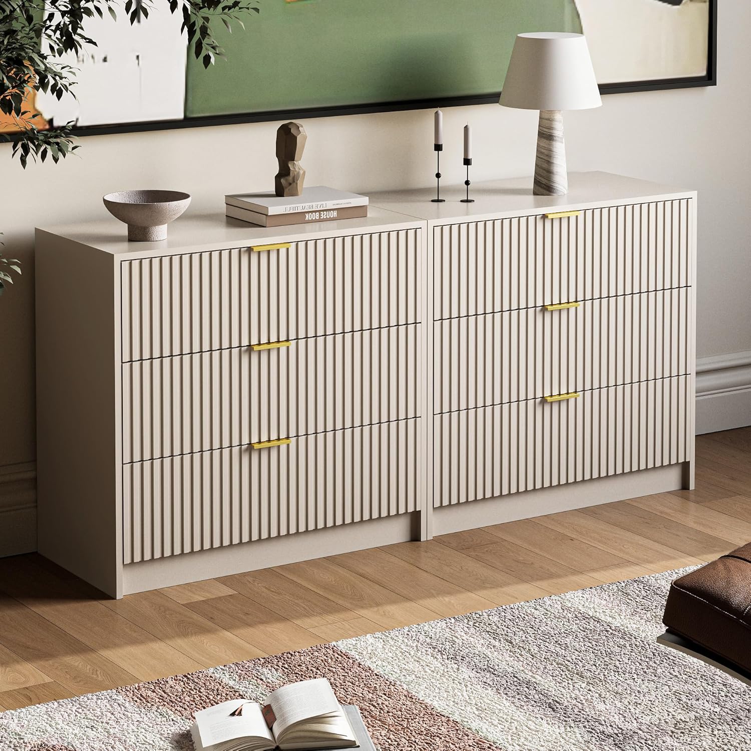 MAISONARIA Fluted Dresser for Bedroom, 32 Inch Wide Nightstand with Large Drawer, 3 Drawer End Table for Bedroom, Living Rooms, Offices, and Entryways, Beige
