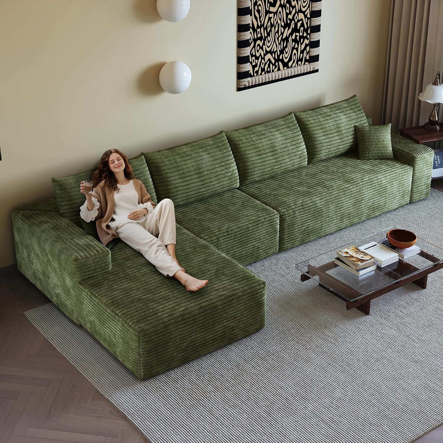 135' Oversized Compressed Sectional Sofa - 33D High-Density Foam Cloud Couch with Deep Seat - Minimalist 3-Piece Corduroy Upholstered Boneless Modular Lounge Couch