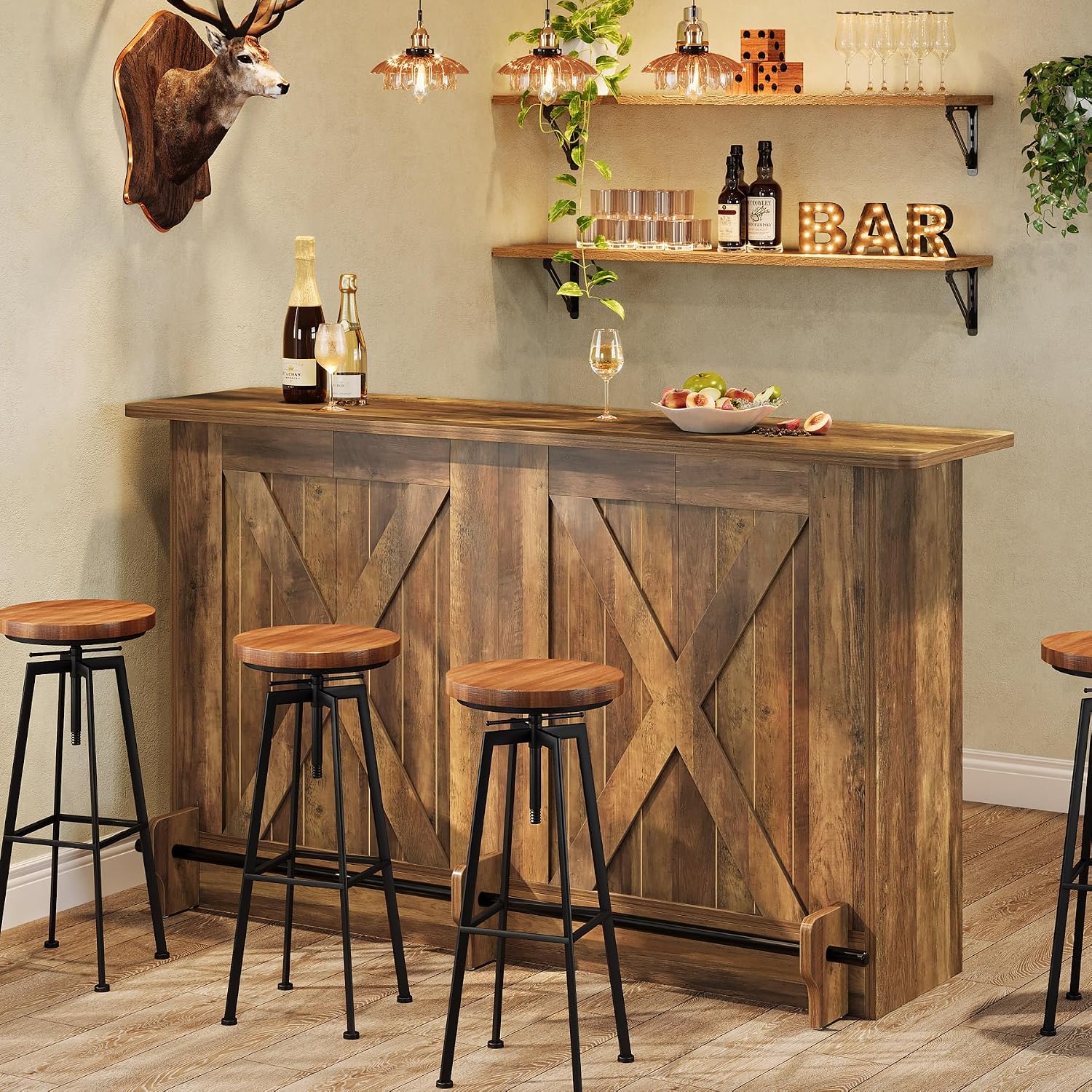 63-Inch Bar Table, 2-Tier Bar Cabinet Height Pub Table with Footrest, Modern Coffee Cabinet for Home Kitchen, Large Home Unit Liquor Furniture, Bistro, Dining Room, Living Room