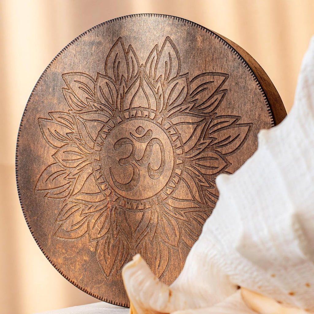 Rain-Fall Disc, 8.6 Inch (22 cm) Wooden Ocean Drum, Gentle Rain Sound for Sound Bath, Meditation & Sound Healing, Flower of Life & AUM Design