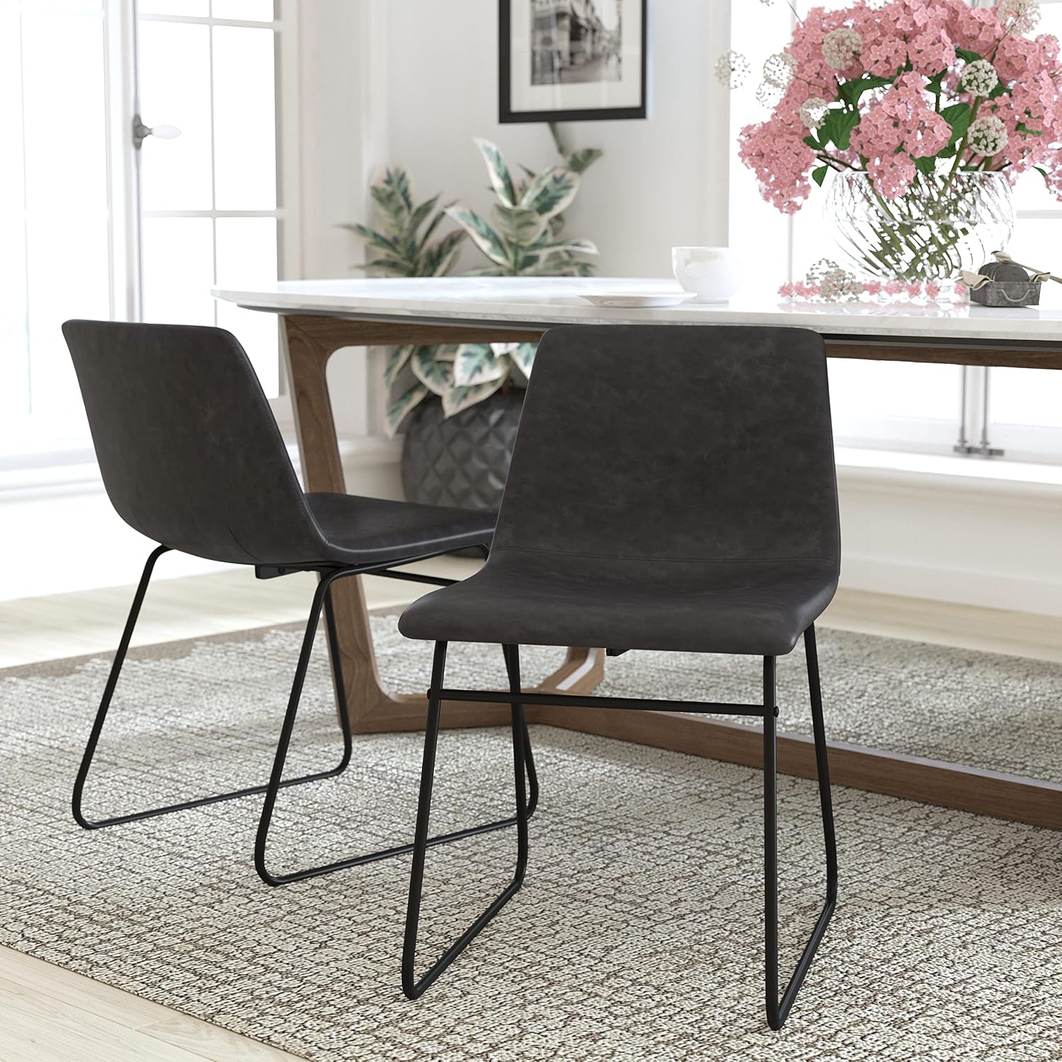 Flash Furniture Butler 18' LeatherSoft Dining Table Height Chairs, Mid-Century Modern Bucket Style Dining Chairs, Set of 2, Dark Gray/Black