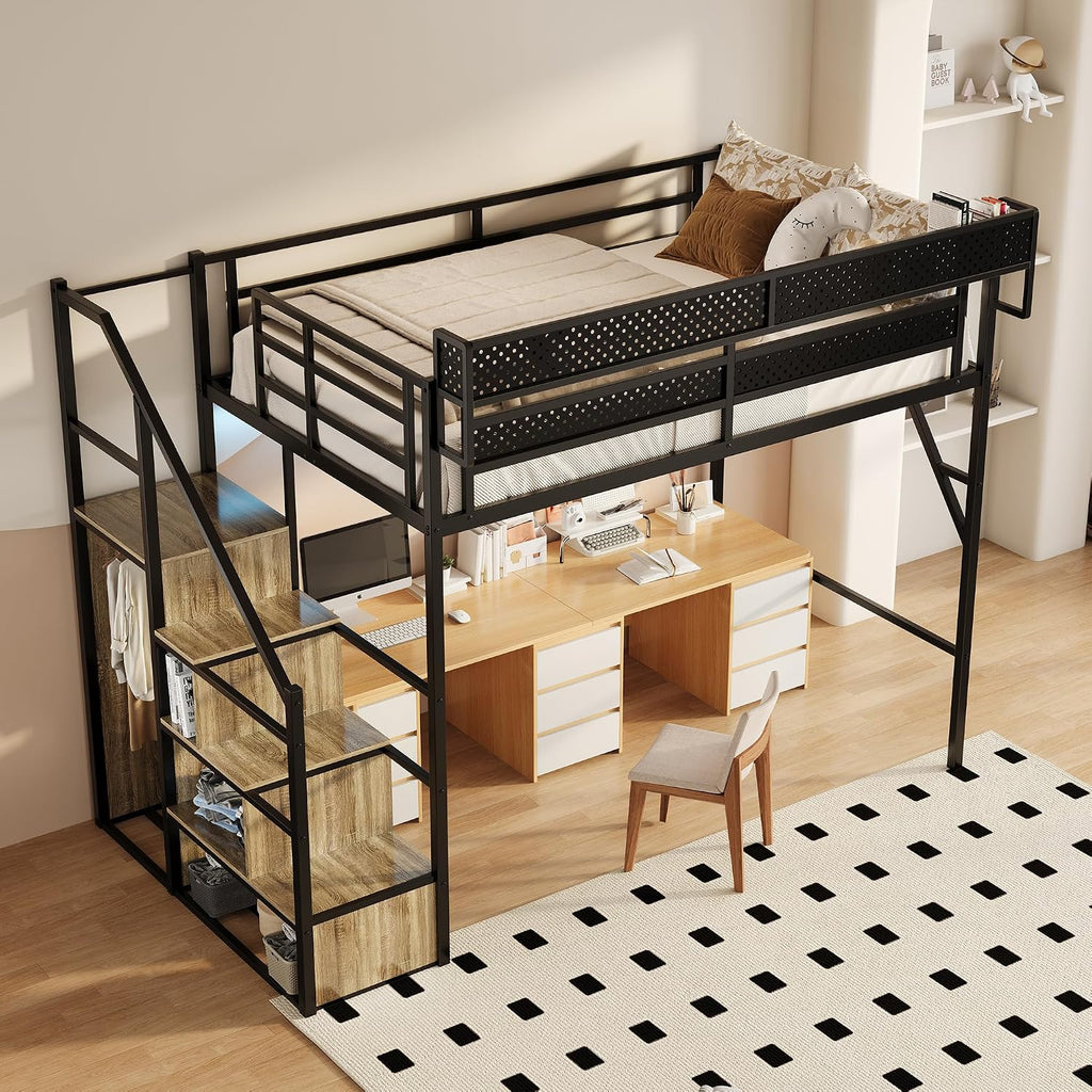 Full Size Metal Loft Bed with Storage Stairs, Wardrobe & Charging Station | Storage Shelve,Convertible Staircase,LED Lights, Solid Wood Stairs, Safety Guardrail, Noise-Free, No Box Spring Needed