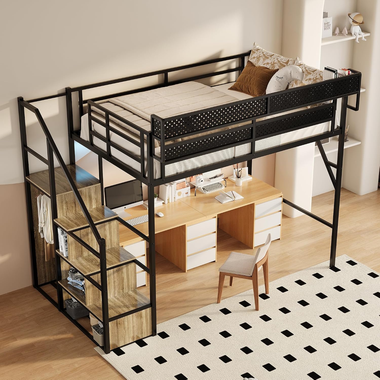 Full Size Metal Loft Bed with Storage Stairs, Wardrobe & Charging Station | Storage Shelve,Convertible Staircase,LED Lights, Solid Wood Stairs, Safety Guardrail, Noise-Free, No Box Spring Needed