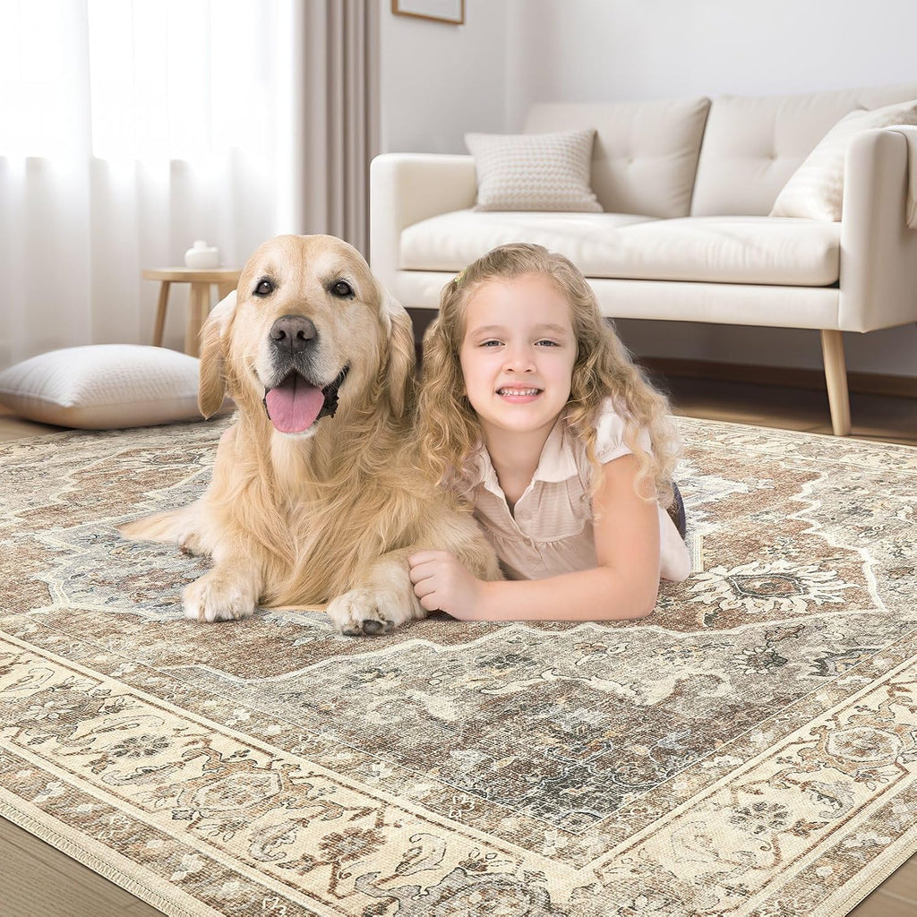 9x12 Washable Area Rug: Vintage Neutral Soft Non Slip Thin Large Floor Carpet for Living Room Bedroom Kitchen Dining Room Home Office Farmhouse Indoor - Grey Brown