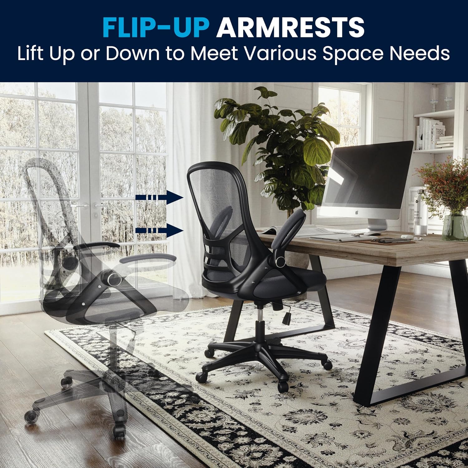 Flash Furniture Porter High-Back Swivel Office Chair with Adjustable Lumbar Support and Seat Height, Ergonomic Mesh Desk Chair with Flip-Up Armrests, Black
