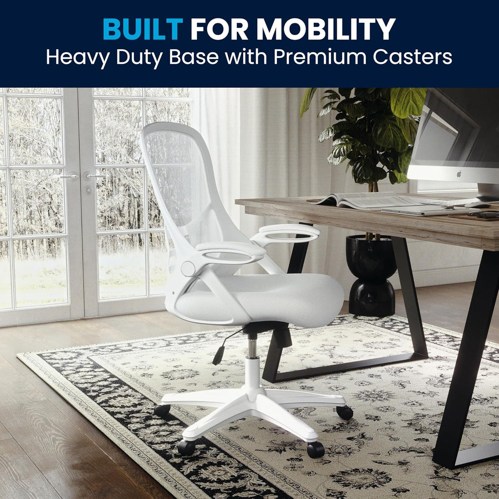 Flash Furniture Porter High-Back Swivel Office Chair with Adjustable Lumbar Support and Height, Ergonomic Mesh Desk Chair with Flip-Up Armrests, White