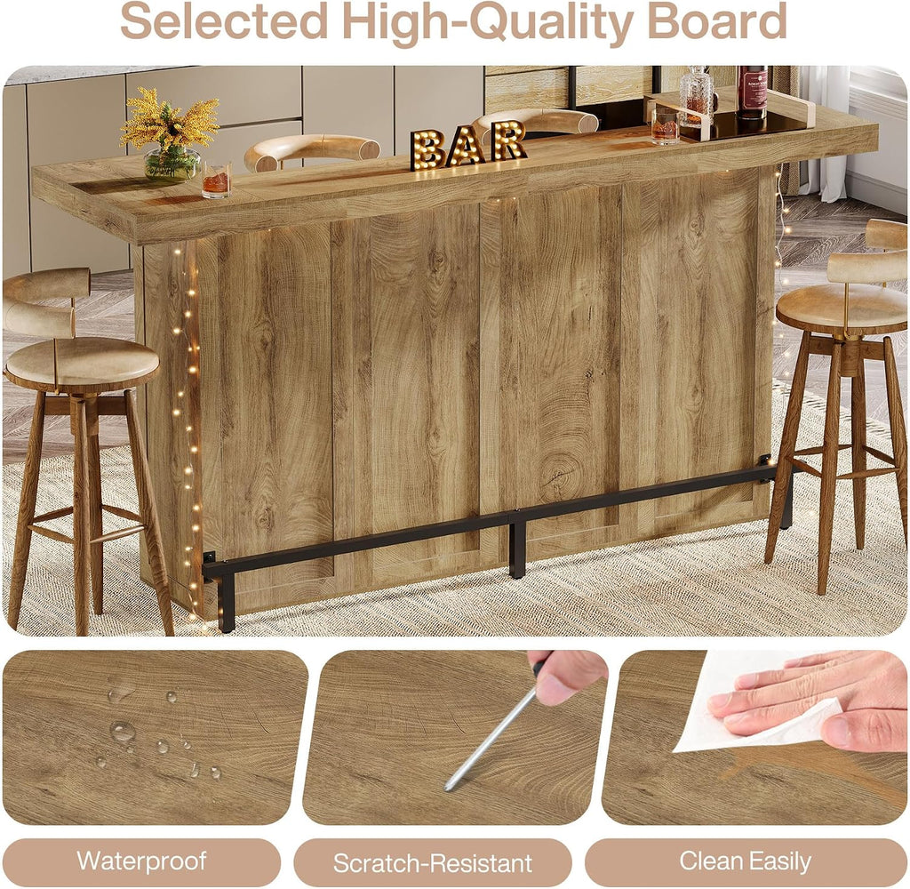 Tribesigns 4-Tier Bar Table, 70.9-Inch Large Wooden Home Bar Unit with Wine Glass Holder and Black Footrest, Pub Table with Storage Shelves for Basement, Dining Room, Living Room, Light Brown
