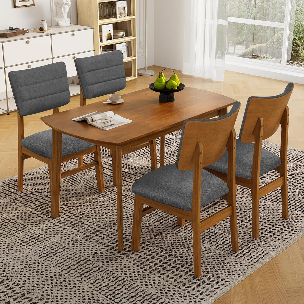 Merax 5 Piece Solid Wood Dining Table Set for 4, Farmhouse Mid-Century Modern and 4 Upholstered Chairs for Home, Kitchen, Apartment, Space Saving, Brown+Gray