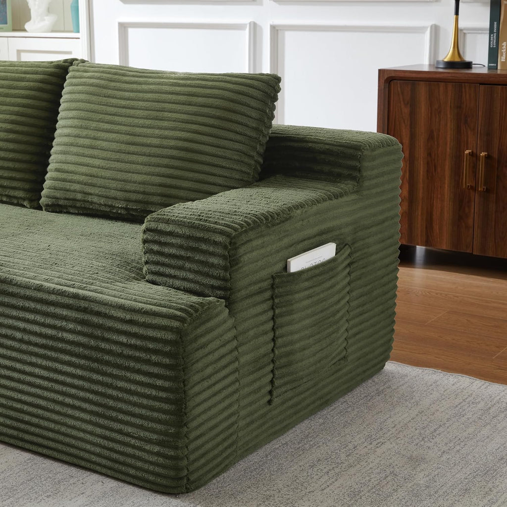 96' Corduroy Sectional Sofa Boneless Couches for Living Room - L Shaped Compressed Cloud Couch with Left Facing Chaise Lounge and Side Pockets