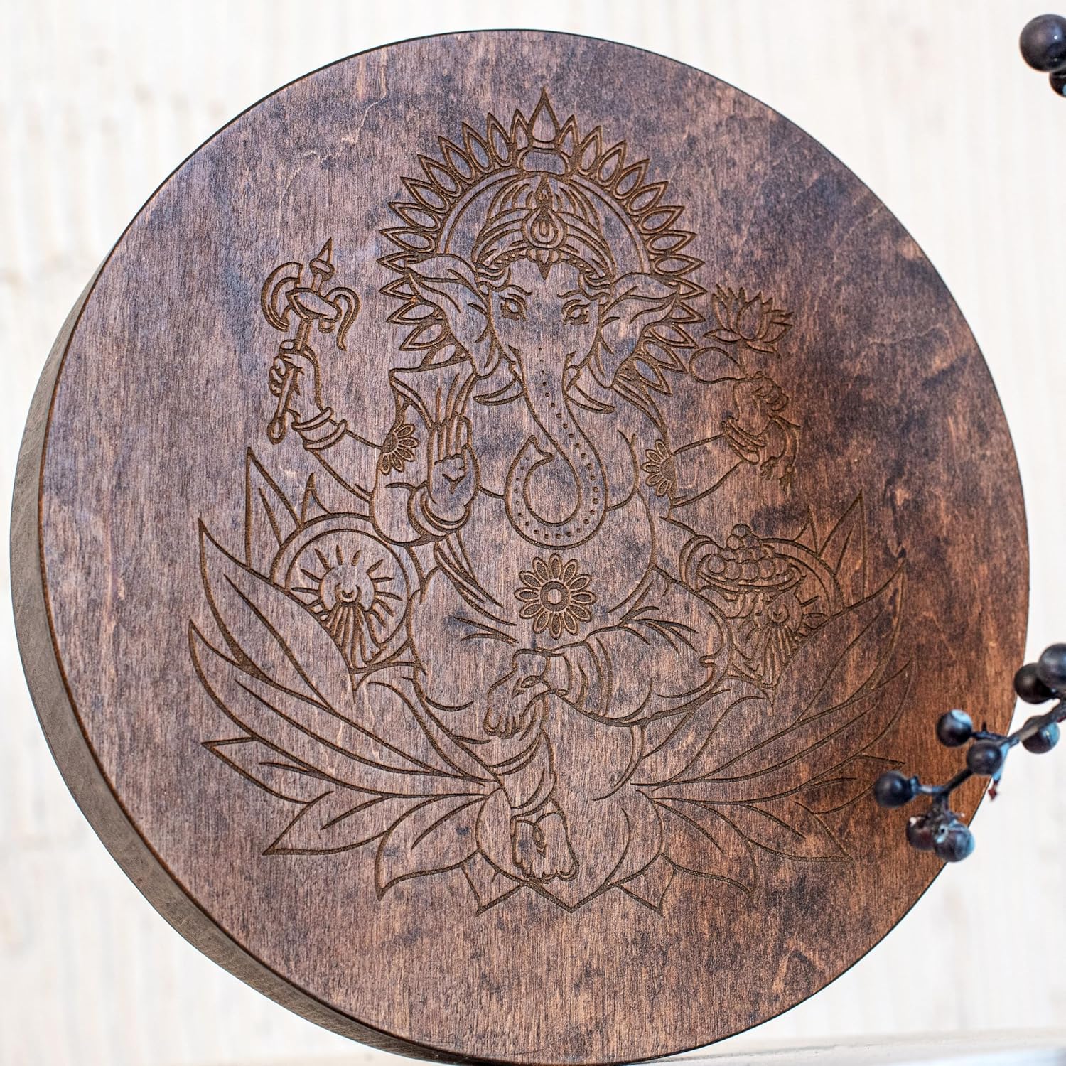Rain-Fall Disc, 8.6 Inch (22 cm) Wooden Ocean Drum, Gentle Rain Sound for Sound Bath, Meditation & Sound Healing, AUM & Ganesha Design