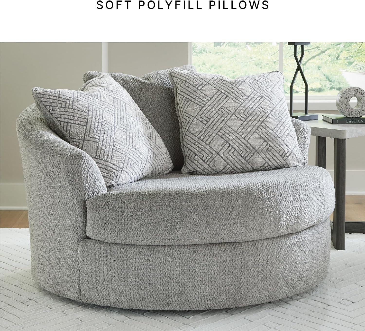 Signature Design by Ashley Casselbury Contemporary Upholstered Oversized Swivel Accent Chair with 3 Throw Pillows, Light Gray