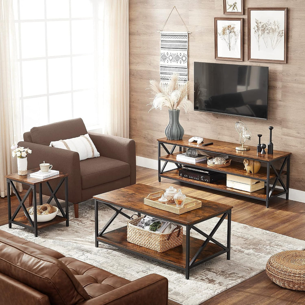 VASAGLE TV Table for up to 65 Inches TVs, Media TV Console with Shelves, Farmhouse Industrial, TV Stand for Living Room, 57.9 x 15.7 x 19.7 Inches, Rustic Brown and Black ULTV100B01