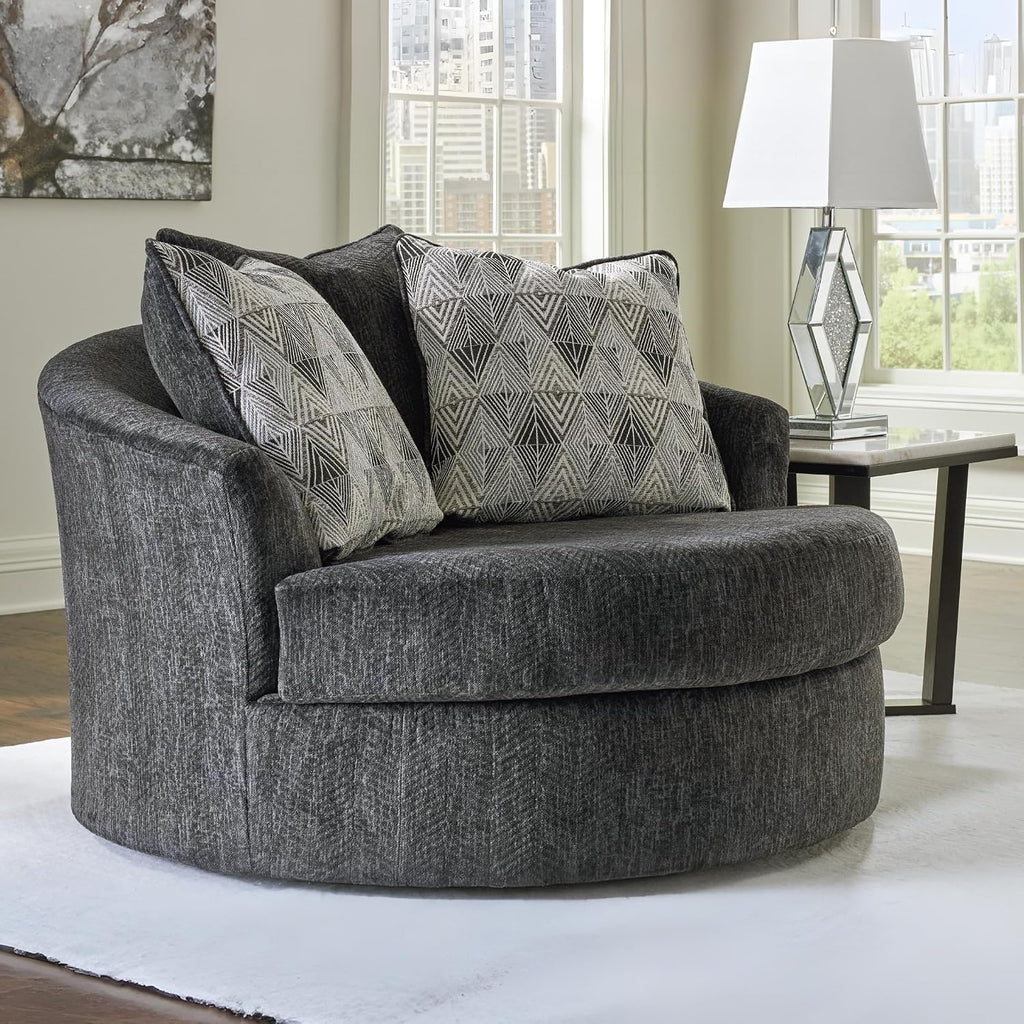 Signature Design by Ashley Biddeford Transitional Upholstered Oversized Swivel Accent Chair with 3 Accent Pillows, Black