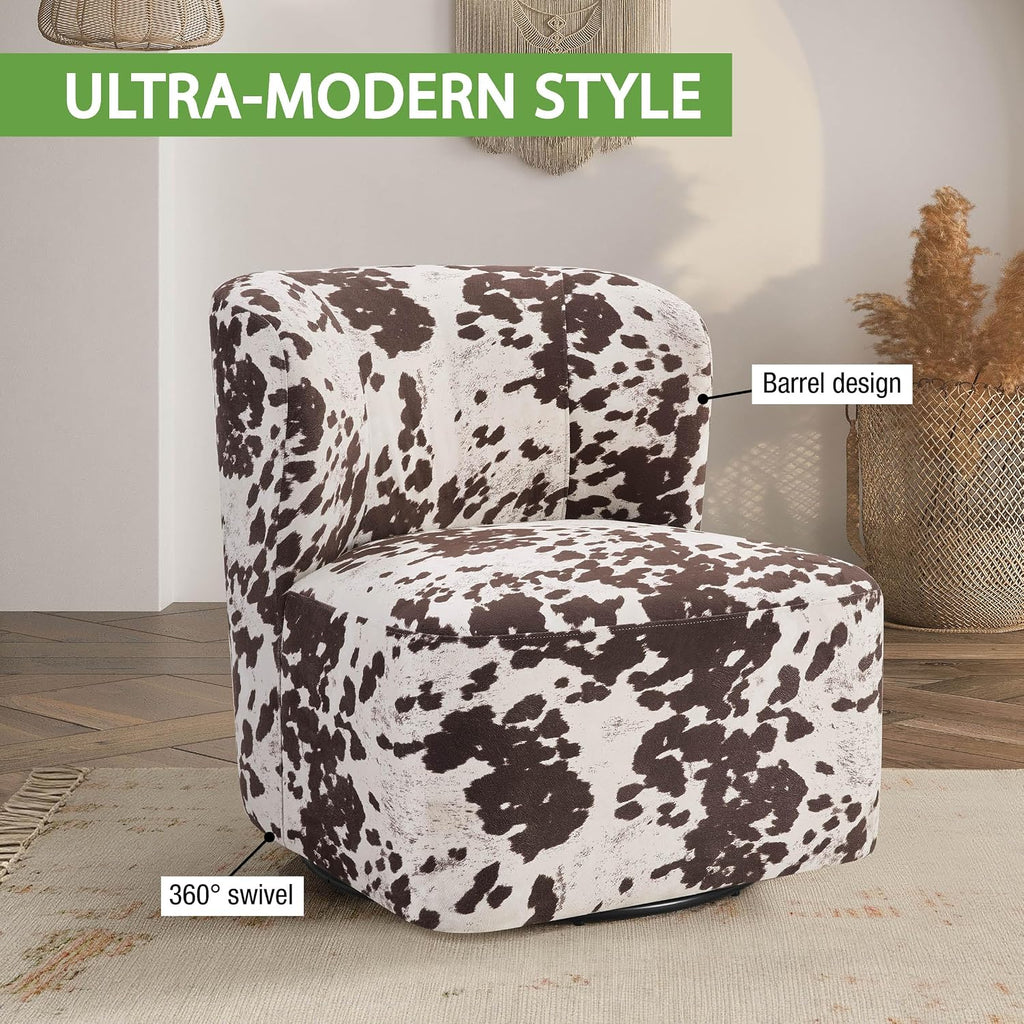 OSP Home Furnishings Lucia Modern Barrel Swivel Accent Chair, Brown Cow Print Fabric