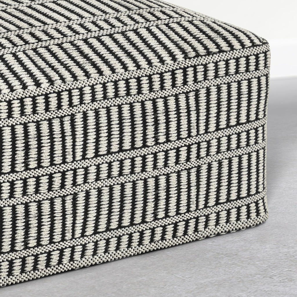 SIMPLIHOME Safford Square Pouf - 20 inch Wide Upholstered PET Polyester Ottoman in Cream White and Deep Black, Boho Indoor/Outdoor Footstool or Extra Seating for Living Room or Patio, Assembled