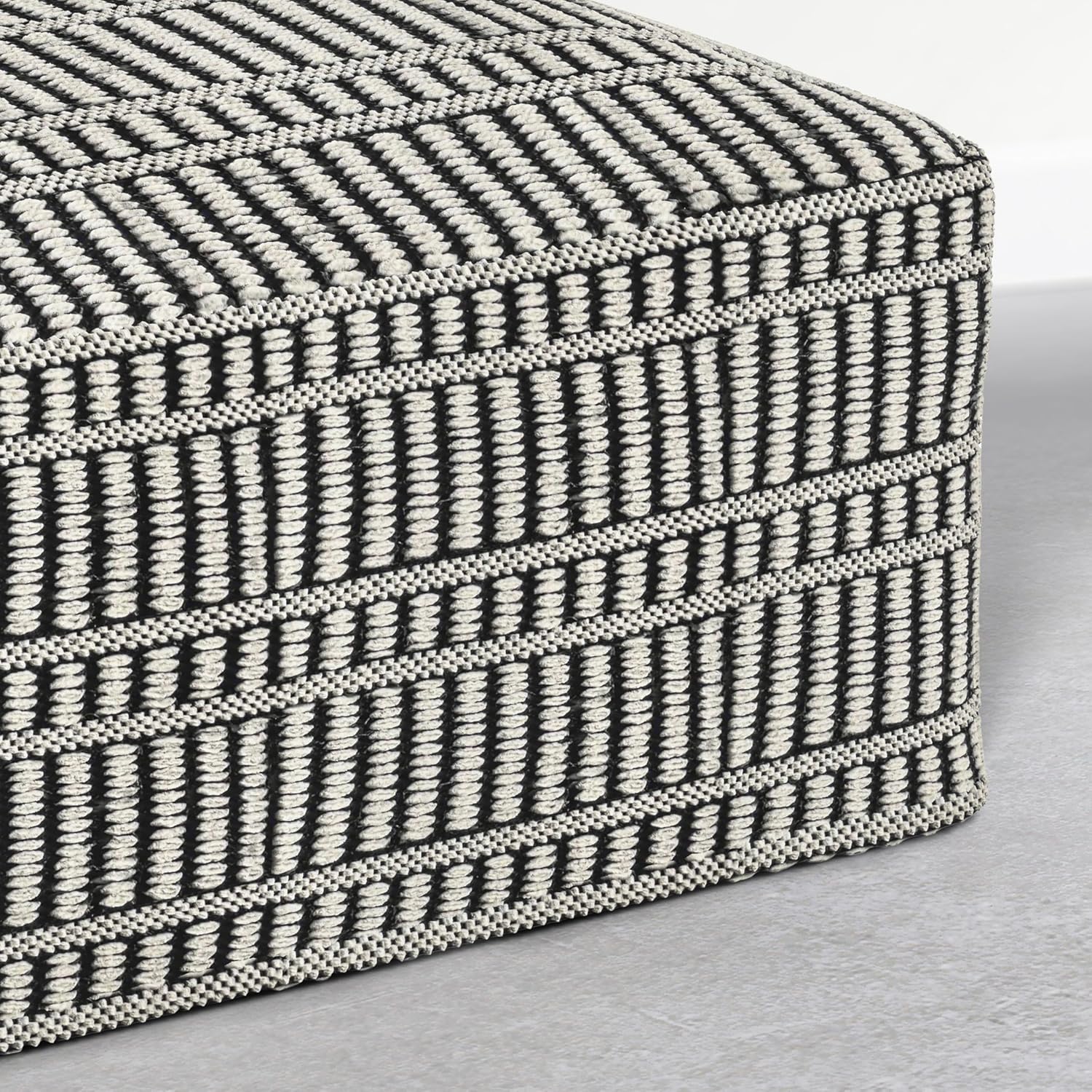 SIMPLIHOME Safford Square Pouf - 20 inch Wide Upholstered PET Polyester Ottoman in Cream White and Deep Black, Boho Indoor/Outdoor Footstool or Extra Seating for Living Room or Patio, Assembled