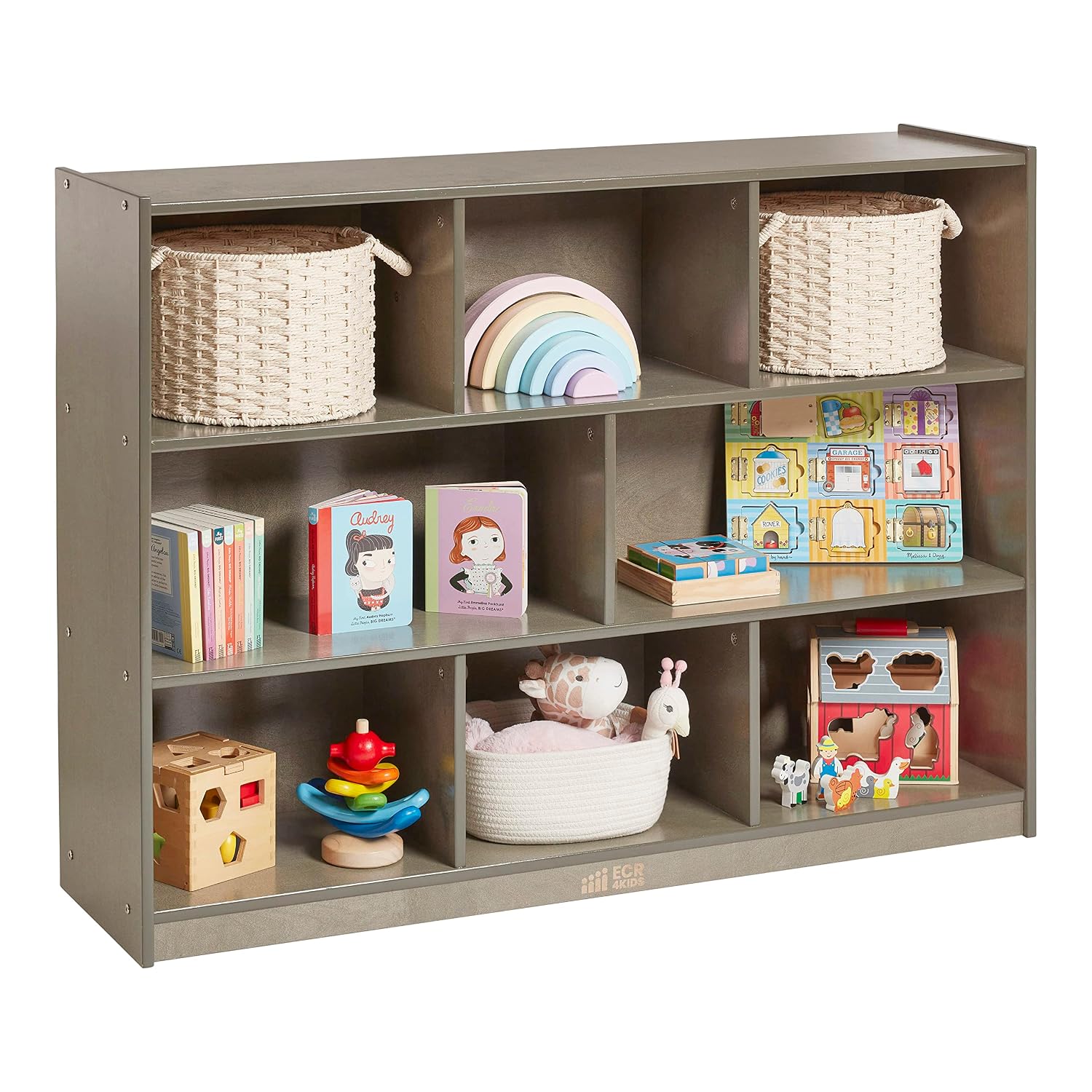ECR4Kids 8-Compartment Mobile Storage Cabinet, Elementary, Classroom Furniture, Grey Wash