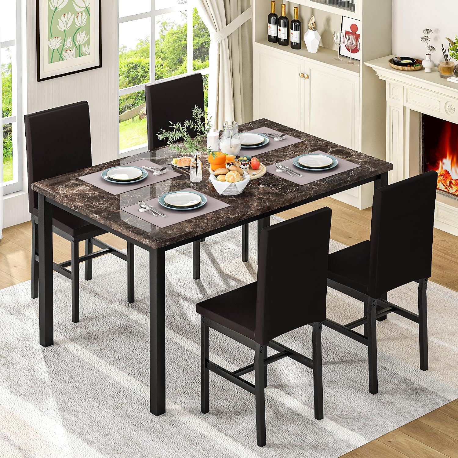 DKLGG Dining Table Set for 4, Modern Kitchen & Dining Room Sets Faux Marble Table with 4 Leather Chairs for Small Space, Home Kitchen, Apartment, Brown