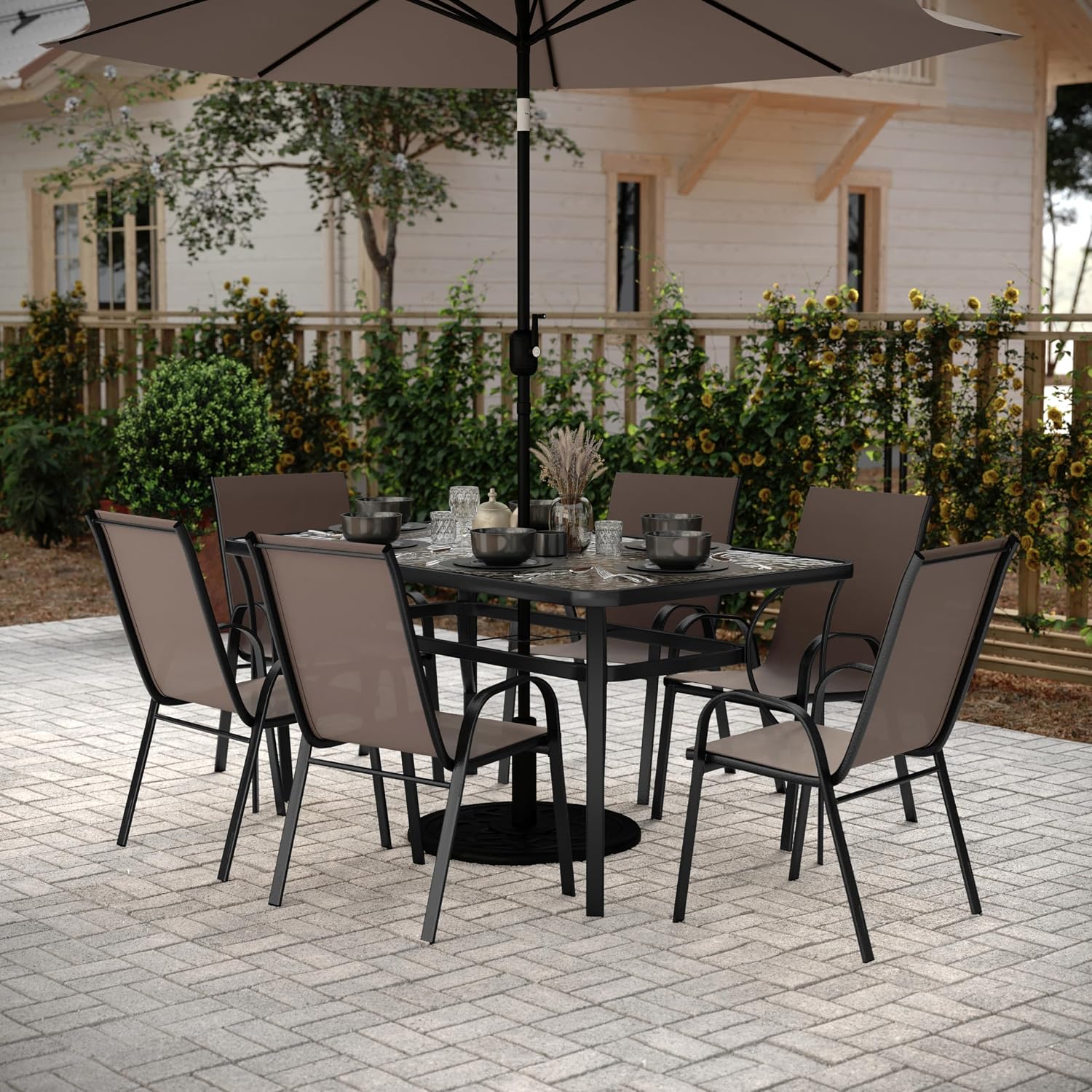 Flash Furniture Brazos Commercial Outdoor Dining Set, 60' Tempered Glass Patio Table with Umbrella Hole, 6 Stack Chairs with Flex Comfort Seats and Backs, Brown/Black