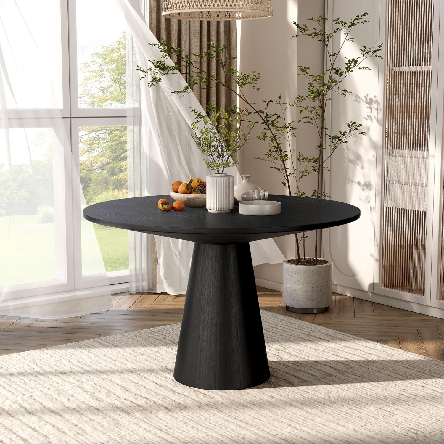 Furniture of America Lestara Modern Solid Wood 48-inch Round Dining Table with Tapered Pedestal Base, Seats up to 4, Easy Assembly, for Home, Kitchen, Living Room, Black