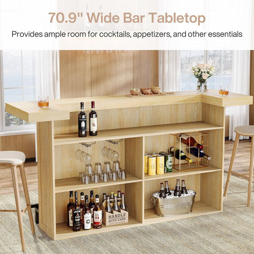 Tribesigns 4-Tier Bar Table, 70.9-Inch Large Wooden Home Bar Unit with Wine Glass Holder and Black Footrest, Pub Table with Storage Shelves for Home, Patio, Basement, Oak