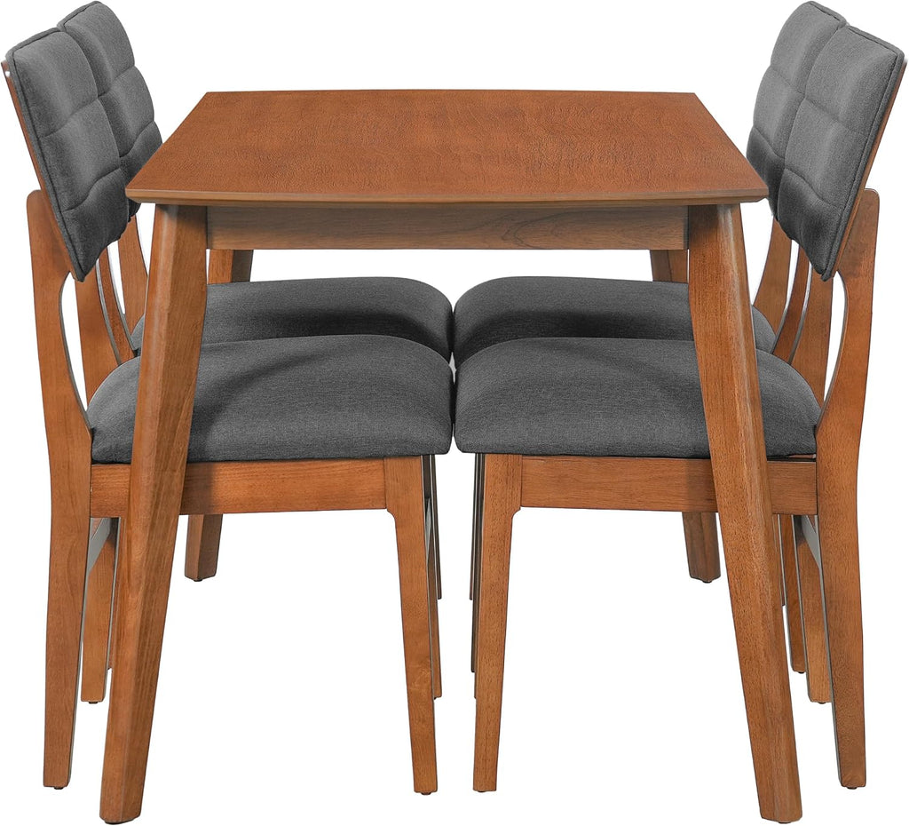 Merax 5 Piece Solid Wood Dining Table Set for 4, Farmhouse Mid-Century Modern and 4 Upholstered Chairs for Home, Kitchen, Apartment, Space Saving, Brown+Gray