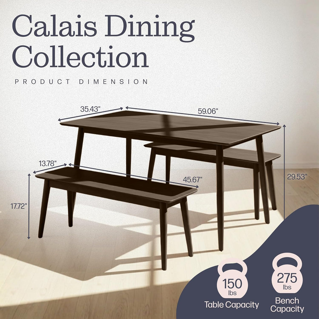 Alaterre Furniture Calais Dining – 3 Piece Dining Table Set for 4 with Benches – Mid Century Modern 59-Inch Solid Wood Kitchen & Dining Room Table with Two 46-Inch Bench (Pecan Finish)