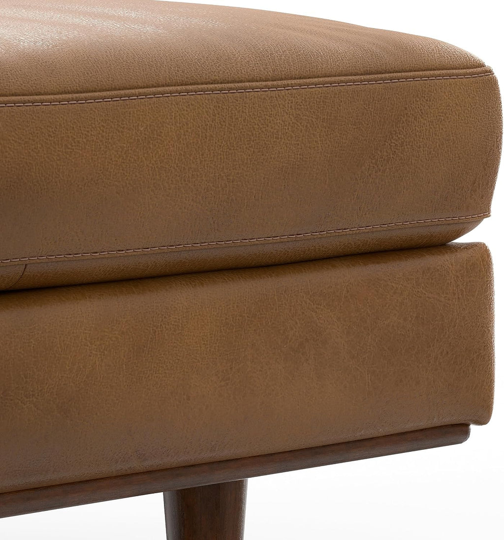 SIMPLIHOME Morrison 33 inch Wide Ottoman in Caramel Brown Genuine Leather, Multifunctional Footrest, Coffee Table, and Extra Seating for Living Room, Mid-Century Modern Style