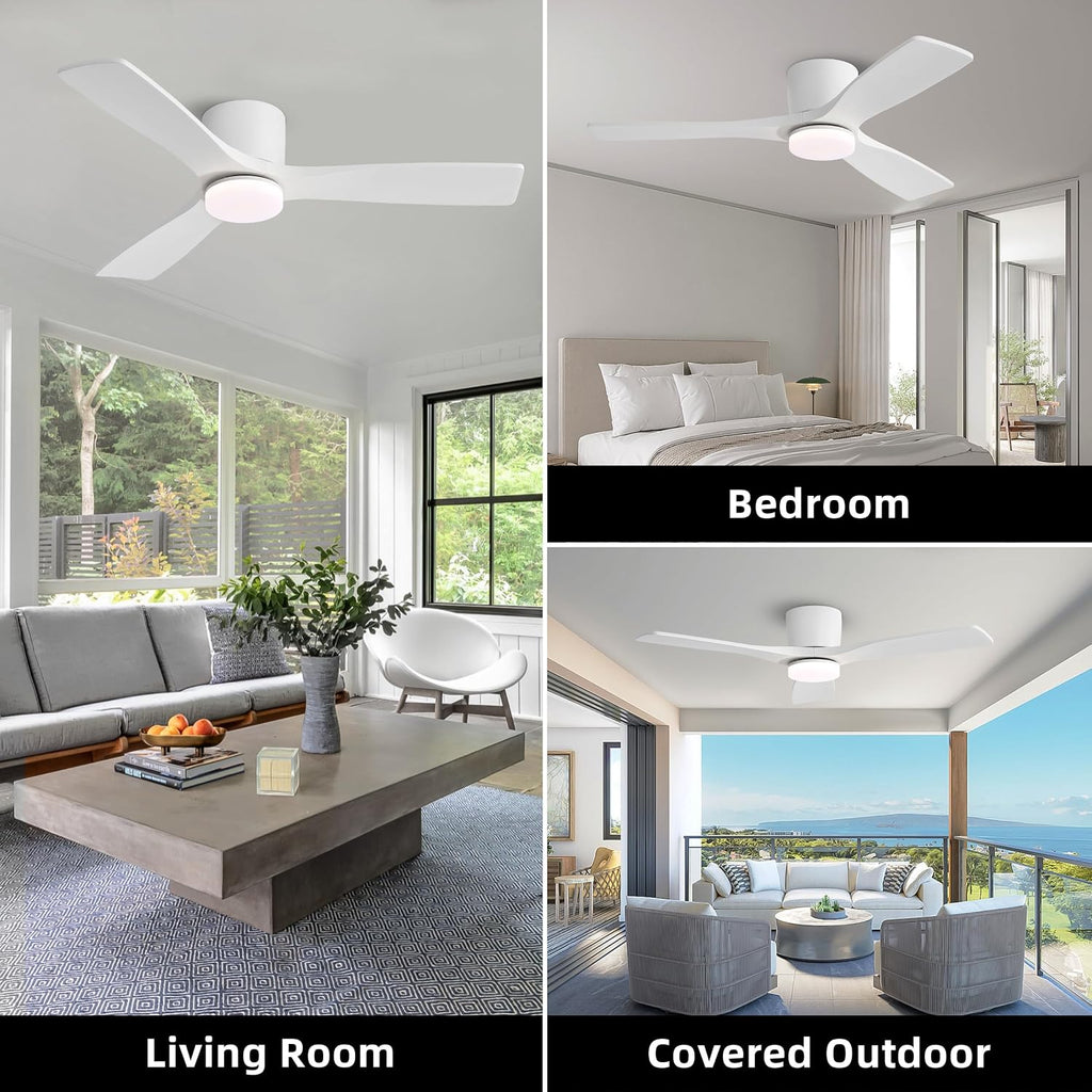 WINGBO 48 Inch Flush Mount DC Ceiling Fan, 3CCT Dimmable Light, 3 Carved Wood Blades, 6-Speed Noiseless Reversible DC Motor, Hugger Low Profile Fan, Gloss White Finish with White Blades, ETL Listed
